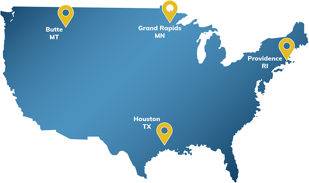 Map of United States with map pins on Butte Montana, Grand Rapids Minnesota, Providence Rhode Island and Houston Texas