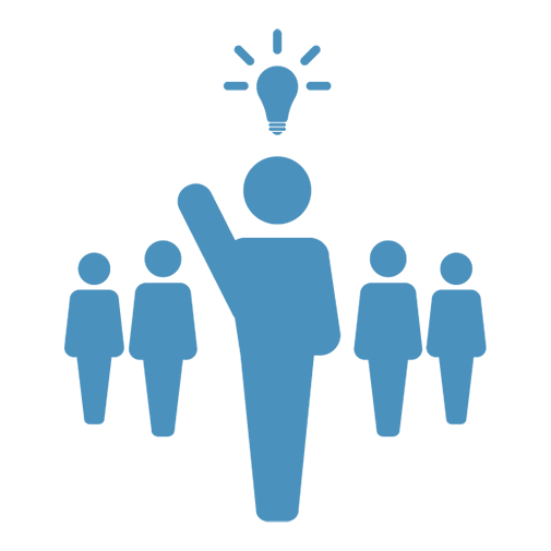 Illustration of person holding up their arm with a light bulb over their head with other people behind them